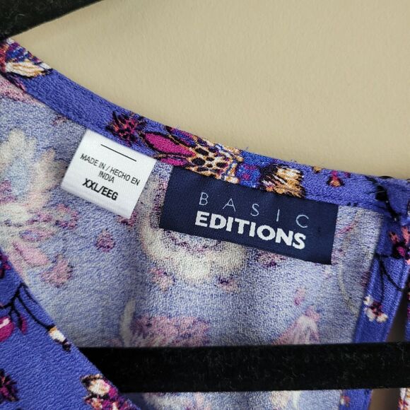Basic Editions Womens Blouse Size XXL Bluish Purple Floral Pattern Bell Sleeves - Picture 2 of 11